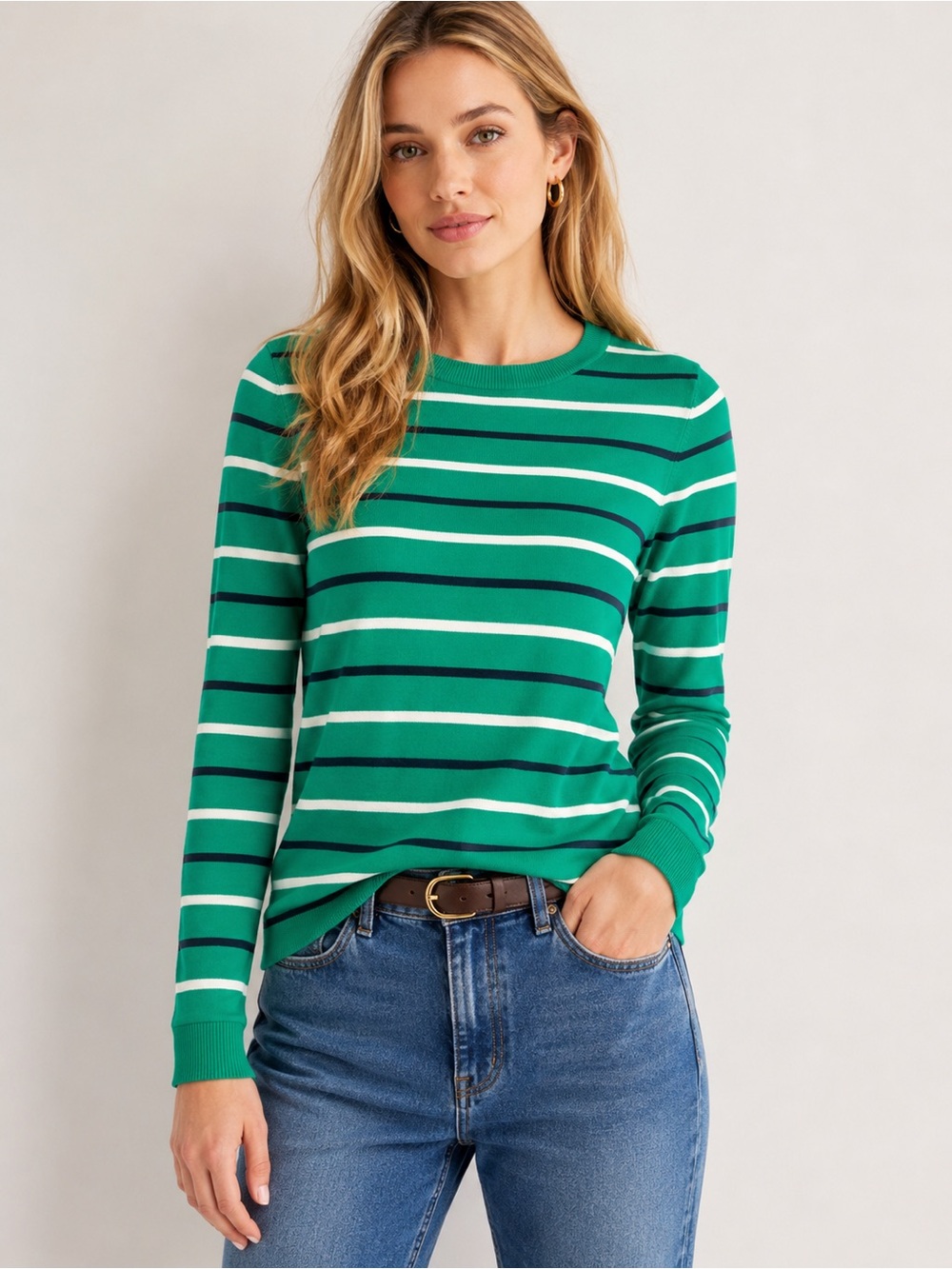 J. Crew Green Navy Striped Pullover Lightweight Knit Sweater